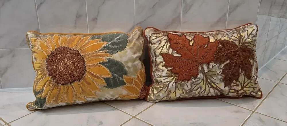New Set of 2 Fall Autumn Decorative Throw Pillows 20x13 Embroidered Leaf...